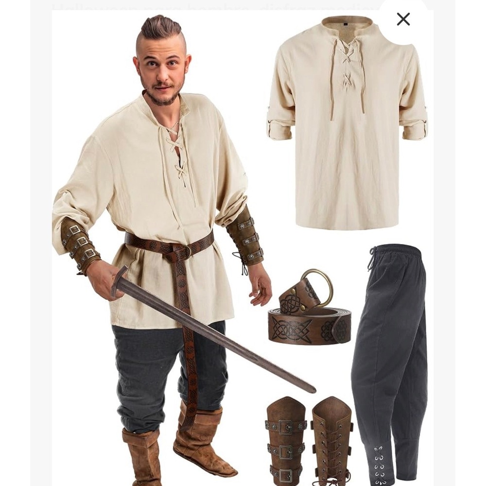 Mens Medieval Renaissance Viking Costume Set Tunic Pants Belt Bracers S/M Cream